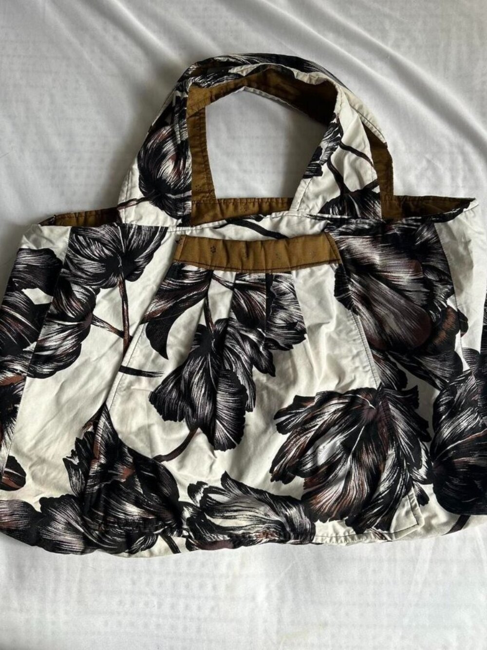 Handmade Black and White Leaf Print Duffel Bag with Tan Accents and Interior